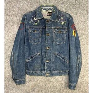 Vintage 70s Wrangler Jean Jacket Size 38 Small Denim USA Made Hand Embroidered
